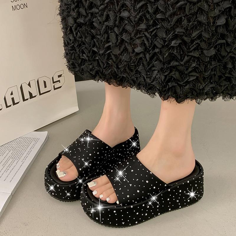 

the new thick-bottomed rhinestone one-word flat-bottomed fashionable outer wear versatile slippers for women and height-increasing slippers for women 40