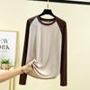 2024 Women's Black & White Color Block Raglan Long Sleeve Retro T-Shirt - Spring/Summer Loose & Slimming Base Layer