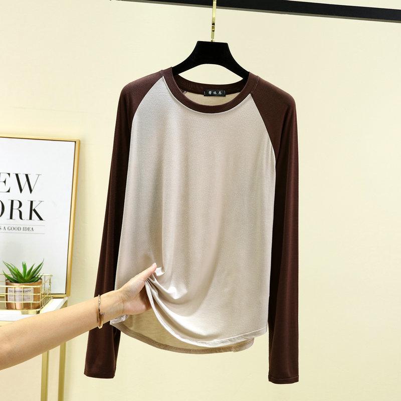 2024 Women's Black & White Color Block Raglan Long Sleeve Retro T-Shirt - Spring/Summer Loose & Slimming Base Layer