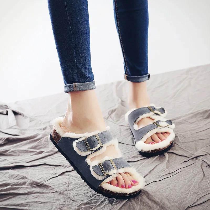 Fashion Women's Shoes Autumn Winter New Woolen Cork Women's Slippers Men's Women's Wool Half Slippers Plus Plush Cork Slippers Outside