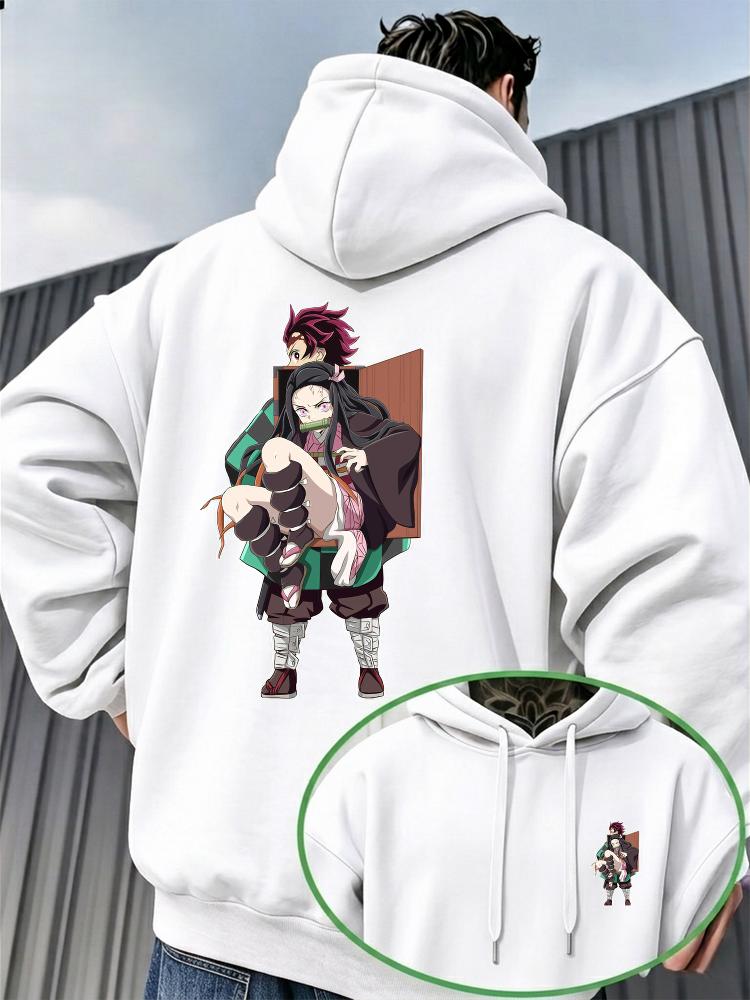 Wood-box Men Hoodie Front Dual Figure Mini Chest Print, Box Frame Character Back Art Graphic, Thick Fleece Pullover Sweatshirt for Leisure Sport Trips