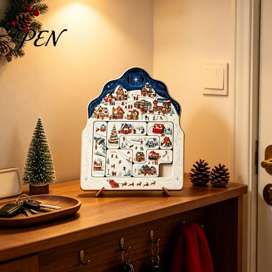 Holiday Desktop Decorations Christmas Puzzle Advent Calendar, Wooden Countdown Commemorative Gifts Xmas Ornament for Home Table Mantel Decor Calendar