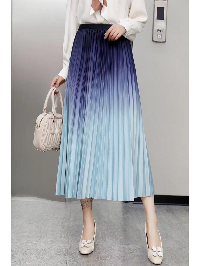 Women's Gradient Pleated Midi Skirt: Classic A-Line Slimming Design for Spring & Summer