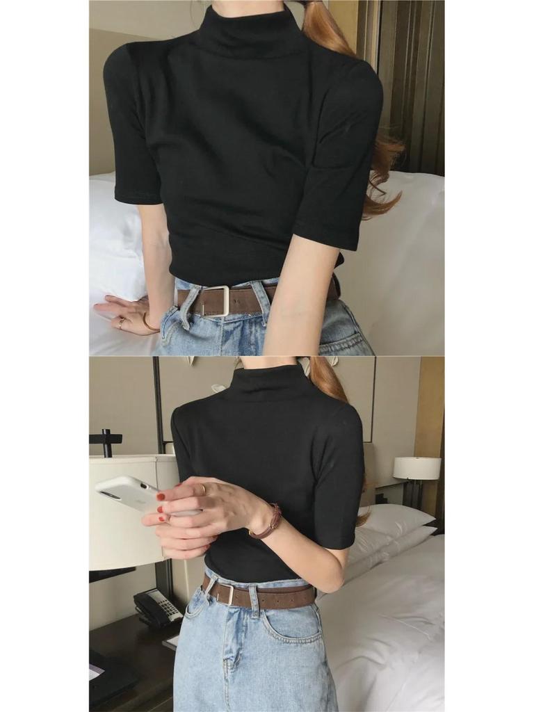 2027 Toma Real: Camiseta de Manga Corta con Cuello Alto Medio Ajustada para Mujer (95 % algodón, 5 % elastano.)