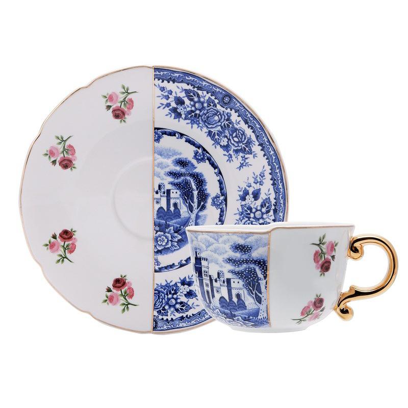 

European Blue Gold Porcelain Coffee Cup Saucer Set Vintage Luxury Tea Set Export