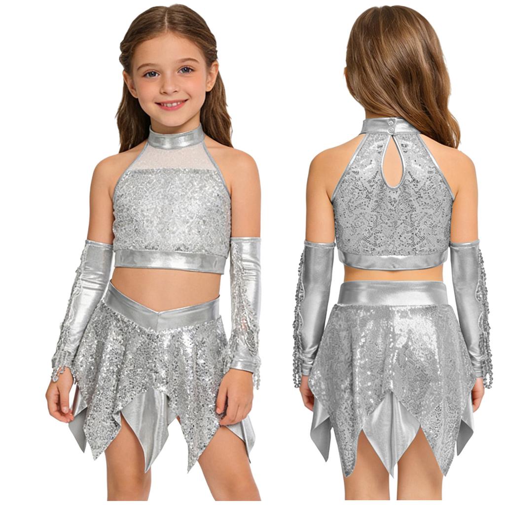 Kids Girls Jazz Dance Performance Outfit Sleeveless Keyhole Back Sparkly Sequins Crop Top with Asymmetric Metallic Skirt and Sequined Tassels Gloves