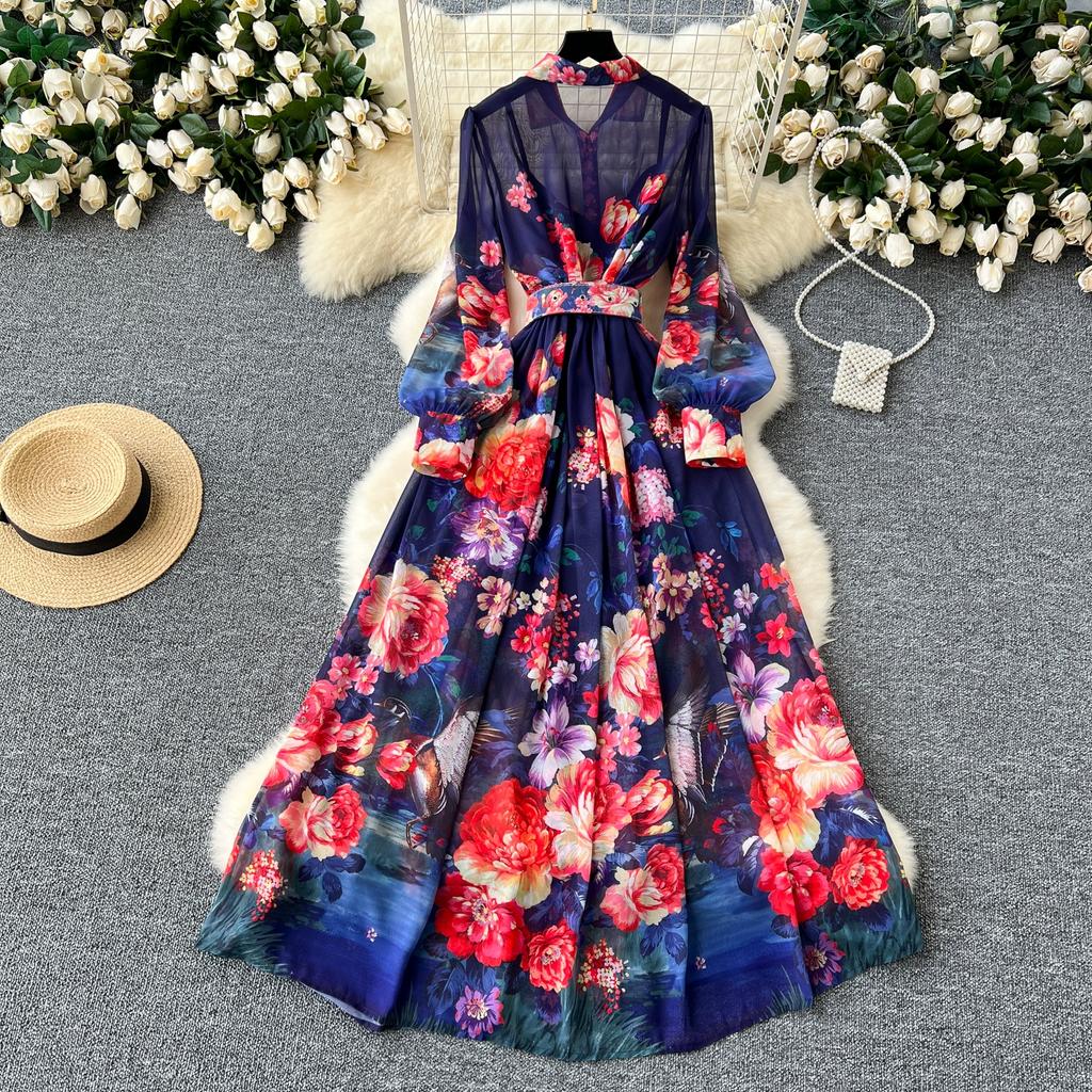 Summer Women Vintage Print Turn-down Collar Chiffon Holiday Beach Long Maxi Shirt Dresses With Belt