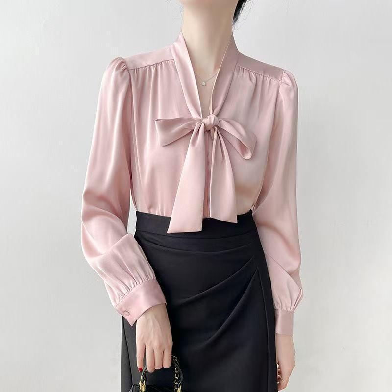 Women's Satin Long Sleeve Bow Shirt - Casual Spring Top