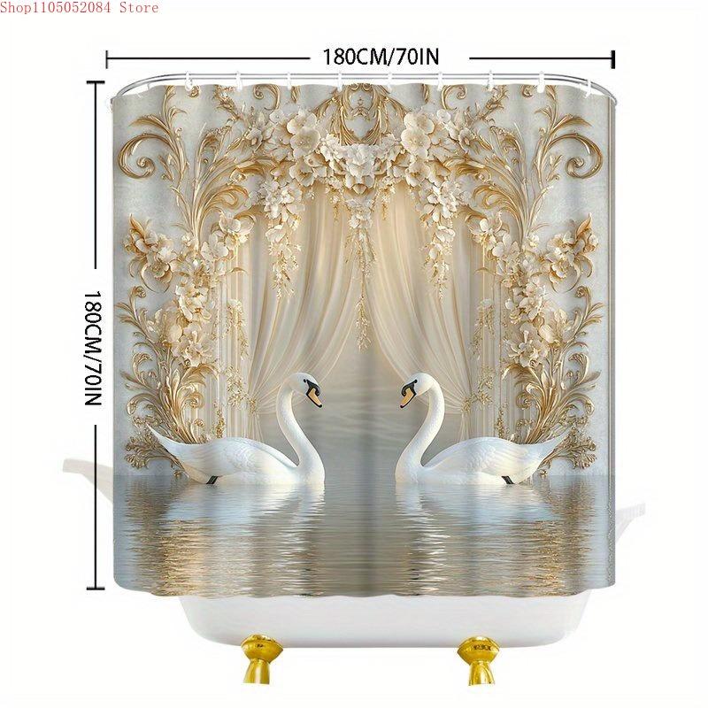 1Pc Elegant White Golden Floral Arch Shower Curtain - With Hooks Waterproof Mildew Proof Easy Install Washable