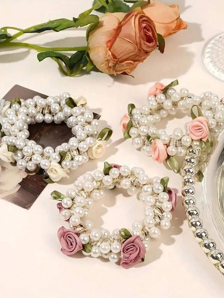 3 pieces rose pearl hair band high elastic hair tie ponytail hair tie fashion sweet headwear
