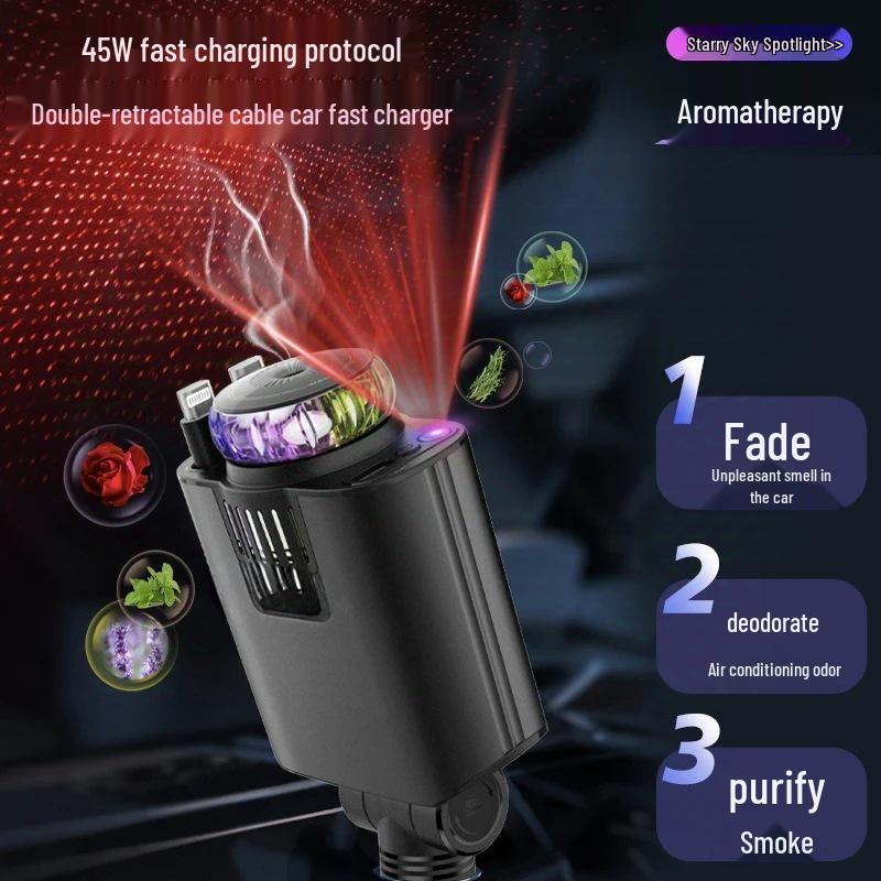C7 Five-in-One Car Air Freshener with Starry Sky Ceiling, Multi-functional Retractable Cable, and 120W Fast Charging Car Charger.