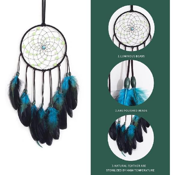 Dream Catchers with Luminous Beads, Handmade Blue Dreamcatcher, Bedroom Decor for Boys Girls Kids Ornament Art Craft Gift