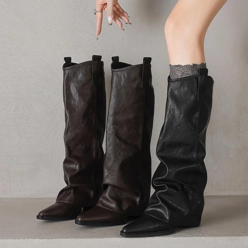 Women's High Boots Elegant Mid Heels Fashion Knee High Shoes 2025 Winter Pumps Chelsea Boots New Walking Leather Mujer De Botas