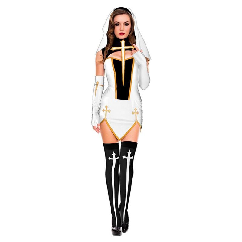 Sexy Nun Costume Adult Women Cosplay Dress Hat for Cross Stockings Gloves for Halloween Sister Cosplay Party Costumes Pr