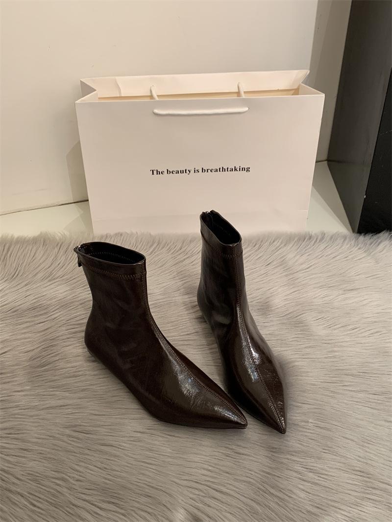 

Black high-heeled short boots women s 2025 autumn and winter single boots and bare ankle boots soft leather small heel pointed French thin heel thin 39