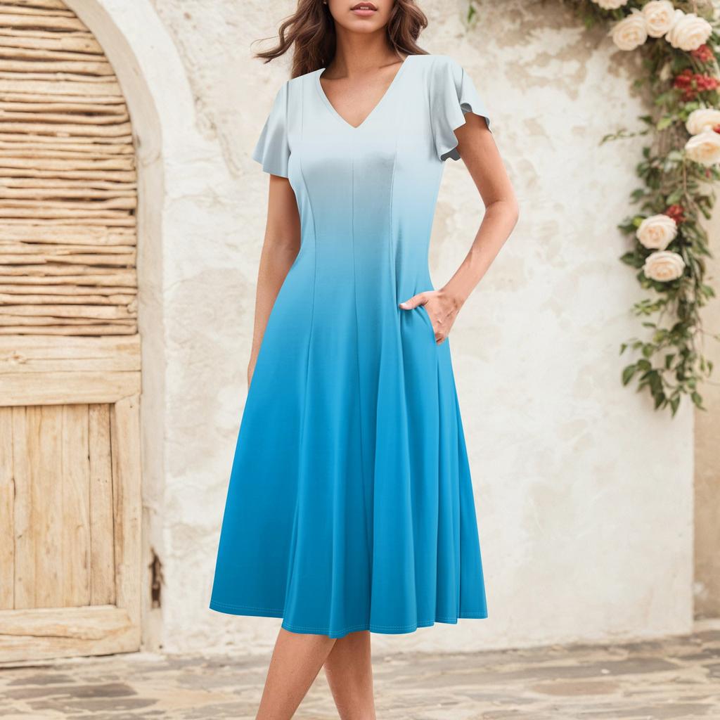 Women's Summer Fashion V-Neck Ruffle Sleeve Retro Elegant Midi Dress