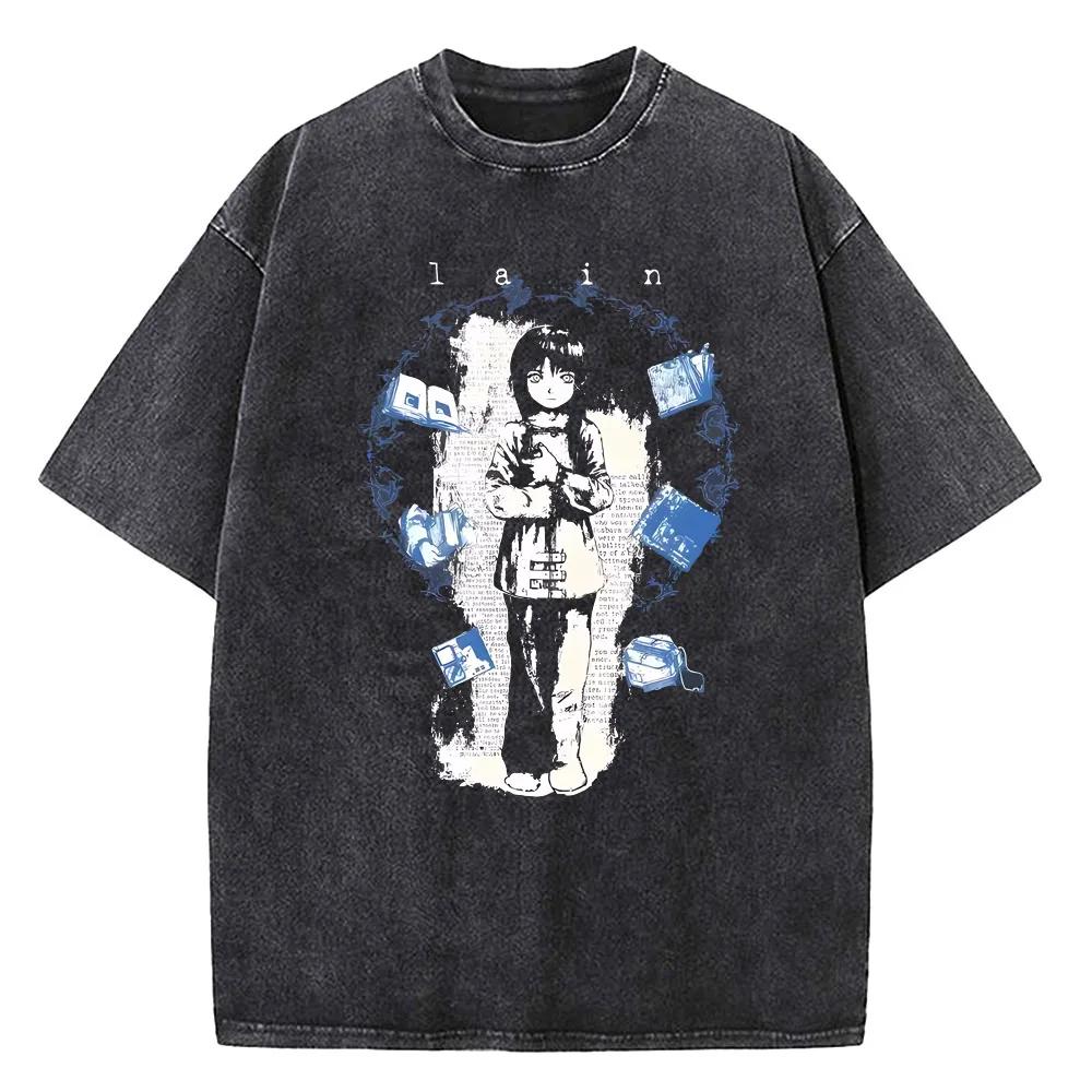 Japanese Anime Serial Experiments Lain Vintage Washed T Shirt Men High Quality Cotton Manga Short Sleeve Fashion T Shirt