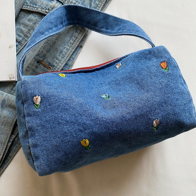 Denim Embroidery Flower Design Top-Handle Bags Women's Bags  Sale 2026 New Versatile Solid Zipper High Quality Shoulder Bags
