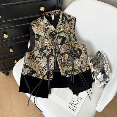 Vintage Embroidered Fashion Vest Femininity Disc-buckled Fringed Stand-up Collar Vest