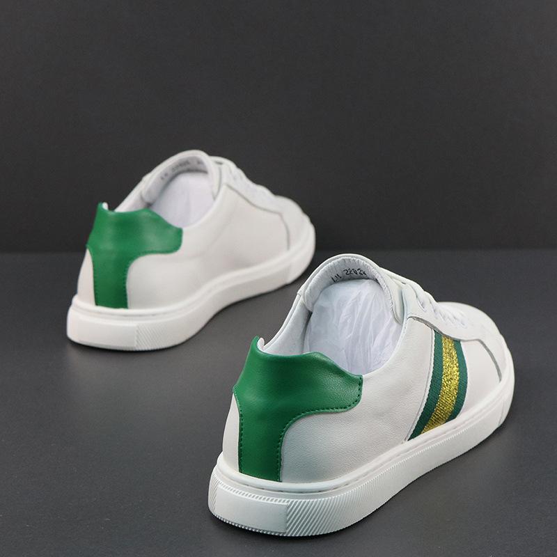 Shoes for Men Genuine Leather Casual Shoes Spring Green Striped Flat Skateboard Shoes White Leather Sneakers