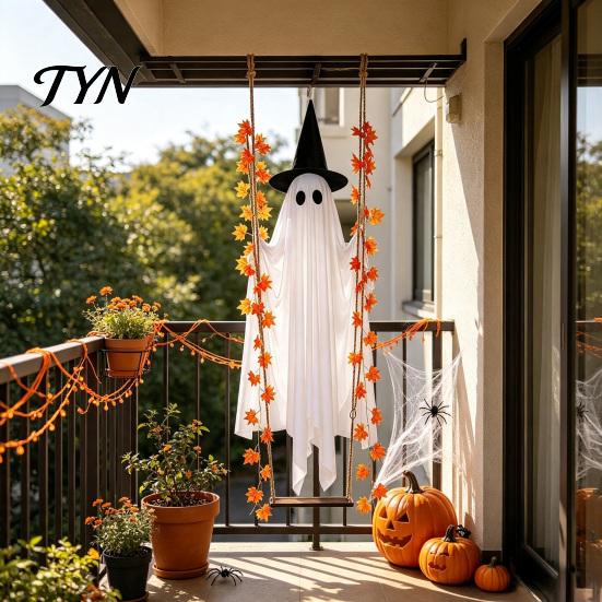Fantasma Appeso con Luci Oscillante Decorazione di Halloween Foglia d'Acero, Ornamento Luminoso Accenti Foglia Autunnale Oscillazione Regolabile in Altezza, Timer, Telecomando