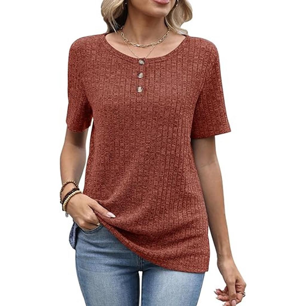 Women's Fashionable Casual Color Round Neck Short,sleeved Loose Top