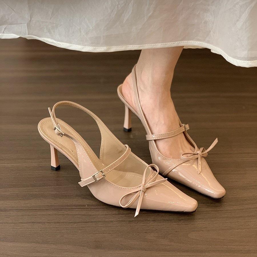 Black high heels bow bag head sandals women's shoes spring temperament fairy pointed single shoes