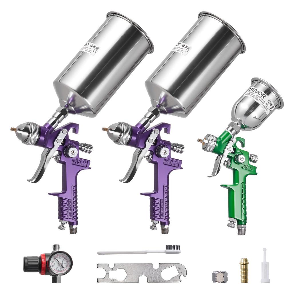 VEVOR 3-Piece Air Spray Gun Kit, Professional Auto Paint Spray Gun Set with 3 Nozzles (1/1.4/1.8mm), 3 Cups & Air Regulator