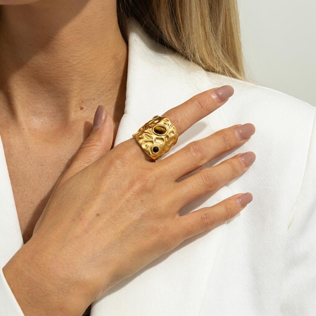 Irregular Lava Tiger's Eye Stone Stainless Steel Ring for Women Statement Gold Plated Rings Adjustable Party Jewelry Gift