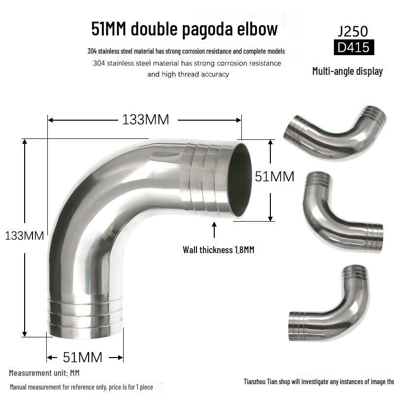 304 Stainless Steel 90° Welded Elbow Hose Fitting - Sizes 6, 8, 10, 12