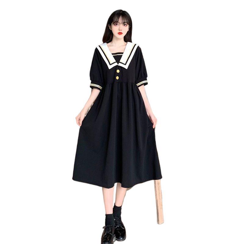 Hepburn Style French Retro Women's Summer Plus Size Navy Collar Waist Slimming Long Dress