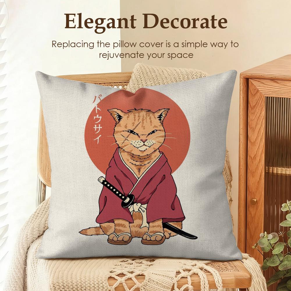 Japanese Style Cat Cushion Cover Natural Linen Organic Fabric DoubleSided Printing Sofa Home Decor Gift Pillow Case