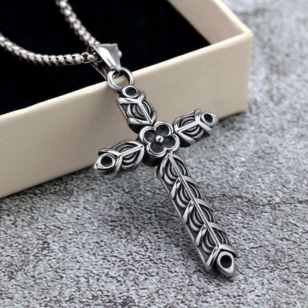 Vintage Solid Stainless Steel Double Sided Engraved Cross Pendant Unisex Necklace