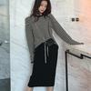 Lady Fashion Women Long Sleeve Split 2 Piece Set Casual Stripe Outfit Skirt