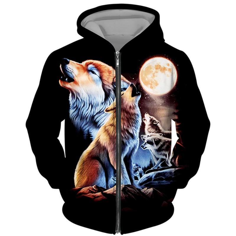 Felpa con cappuccio con cerniera stampata serie lupo 3D primavera autunno uomo donna coppia felpa con cappuccio giacca giacca casual moda