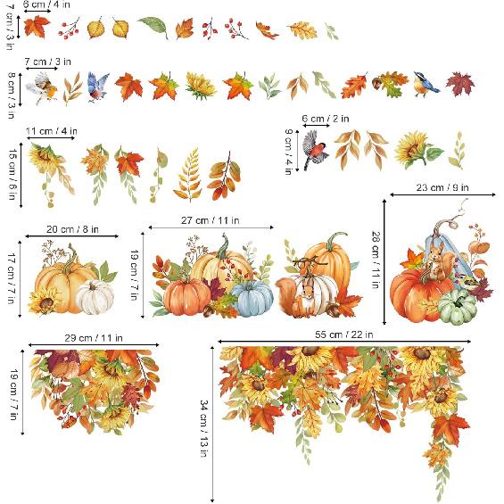 Wondever Fall Sunflower Window Clings Thanksgiving Autumn Harvest Hanging Flower Vine Pumpkin Glass Sticker Decal Anti Collision Double-Side Static