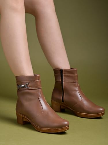 

Women S Tan Ankle Boots With Side Zipper And Metal Detail Low Heel Faux Leather Booties For Everyday Comfort And Style E 5 UK дубильная кора