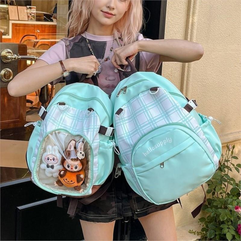 Color Block Plaid Backpack Women Large Capacity Anime Detachable 2 Way Doll Bag Ita Bag Ladies Sweet Multifunctional Daypack New