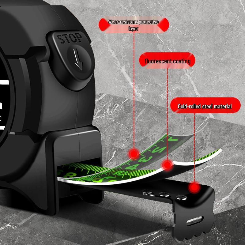 Self-locking High Precision 5m Fluorescent Steel Measuring Tape with Laser-Etched Black Ruler, Cut-Resistant and Wear-Resistant.