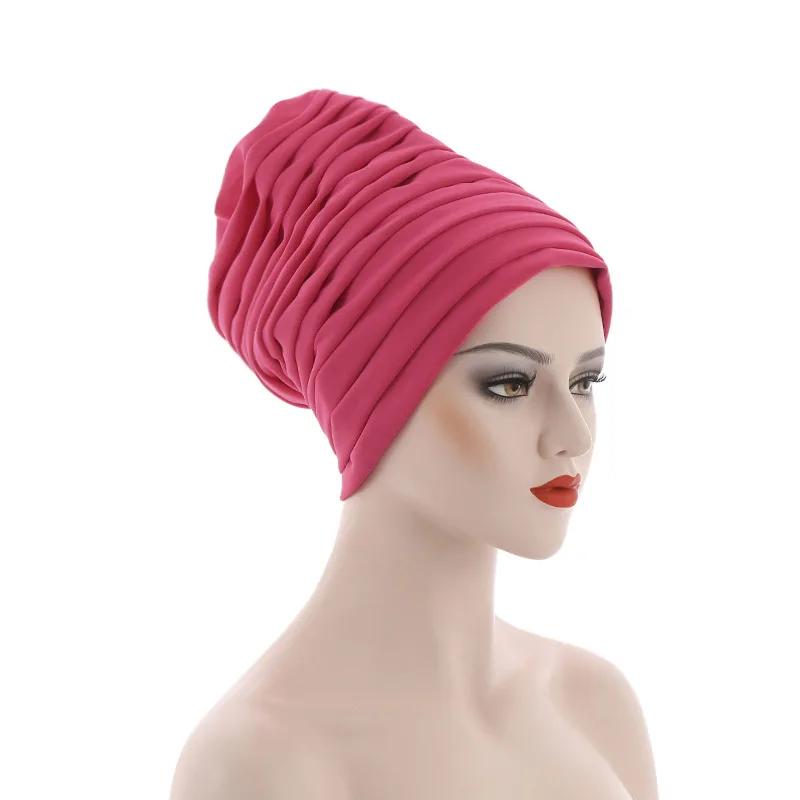 New Candy Color Head Wraps Muslim Hijab Bonnets Fashion Headwear Pleated Turban Cap for Women African Auto Geles Aso Oke Headtie
