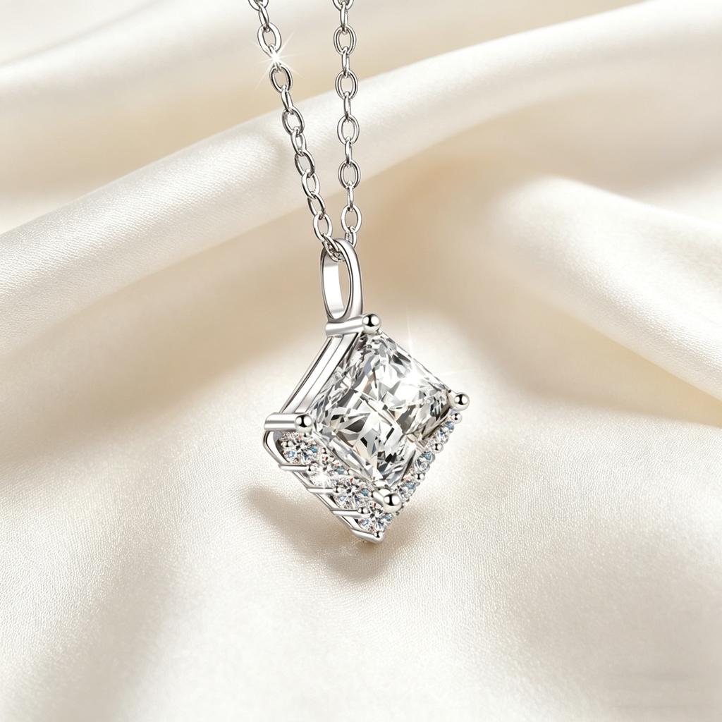 Color Moissanite Princess Cube Pendant Necklace Silver Luxury Unisex Jewelry Affordable Light Luxury Jewelry Gift