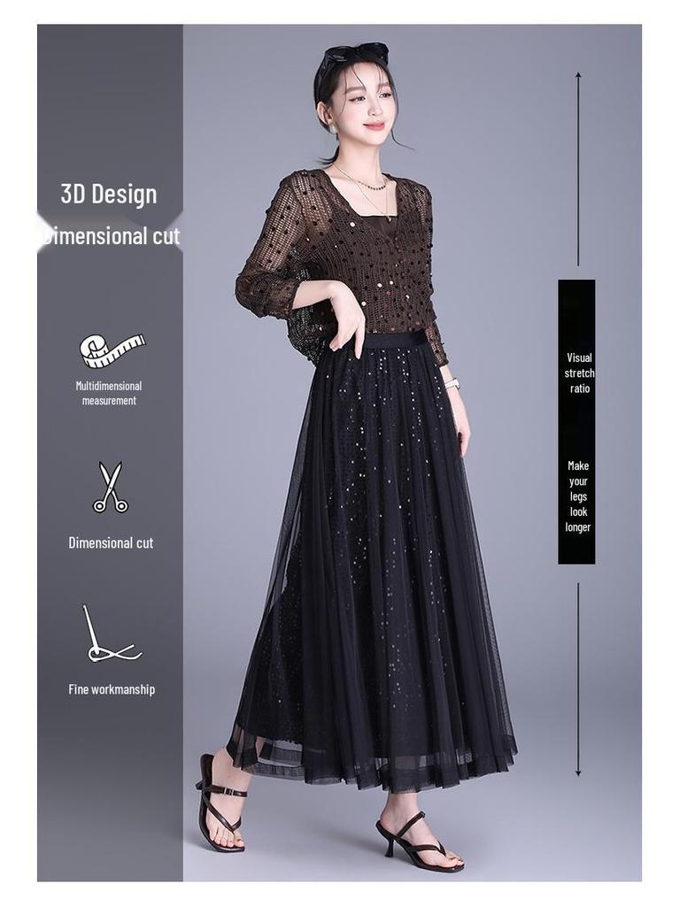 Spring 2026 Sequin Mesh A-line Midi Skirt - Slimming, Drapey, Fashionable, Casual Wear