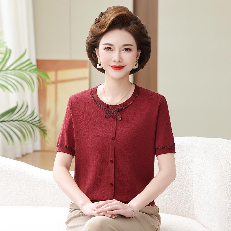 

Elegant Summer Ice Silk Knit T-shirt for Middle-Aged Women - Stylish, Age-Reducing, Lyocell Tencel Short Sleeve Top L (for 40-50 kg)