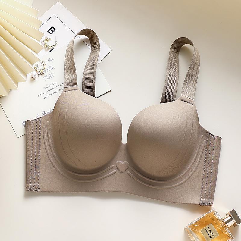 

Solid color large cup without steel ring, double breasts, thin large size bra cover gathered to prevent sagging 34/75cd through cup темно-коричневого