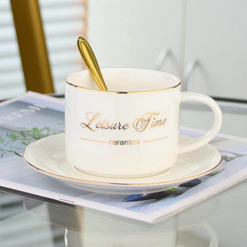 

Керамическая кружка в скандинавском стиле с надписью, креативный дизайн, кофейная чашка с блюдцем и ложкой, для латте, для завтрака, чашка для молока, для офиса, дома, для воды белый