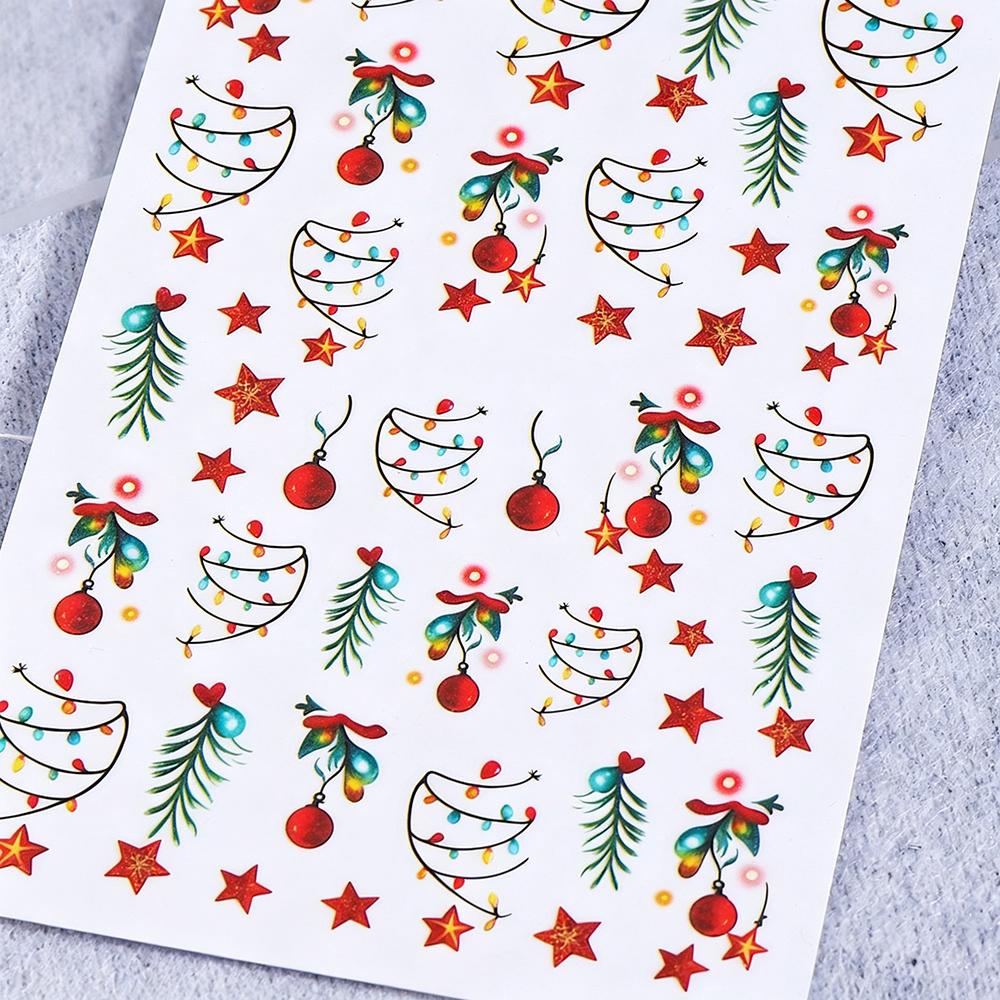 1PC 3D Luminous Colorful Light Christmas Nail Stickers Green Pine Branch/Red Bauble Star Nail Decals Adhesive Holiday Nail Decor