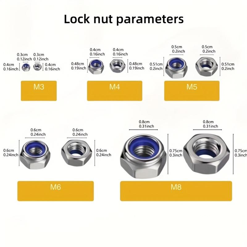 300/150pcs M3-M8 anti-slip hex nuts full-thread anti-lock 8-grade safety-locking for industrial/construction/electronics/aut
