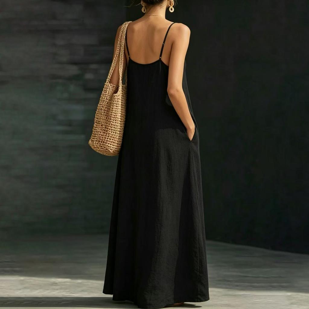 Women's Sleeveless Maxi Dress with Adjustable Spaghetti Straps Flowy Loose Fit Long Sundress with Pockets for Casual Wear