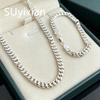 925 Sterling Silver Stylish Simple 6mm Sideways Cuban Necklace Bracelet Set Birthday Party Anniversary Gift