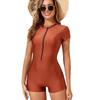 2026 European & American Women's Solid Color Zipper One-Piece Short Sleeve Swimsuit